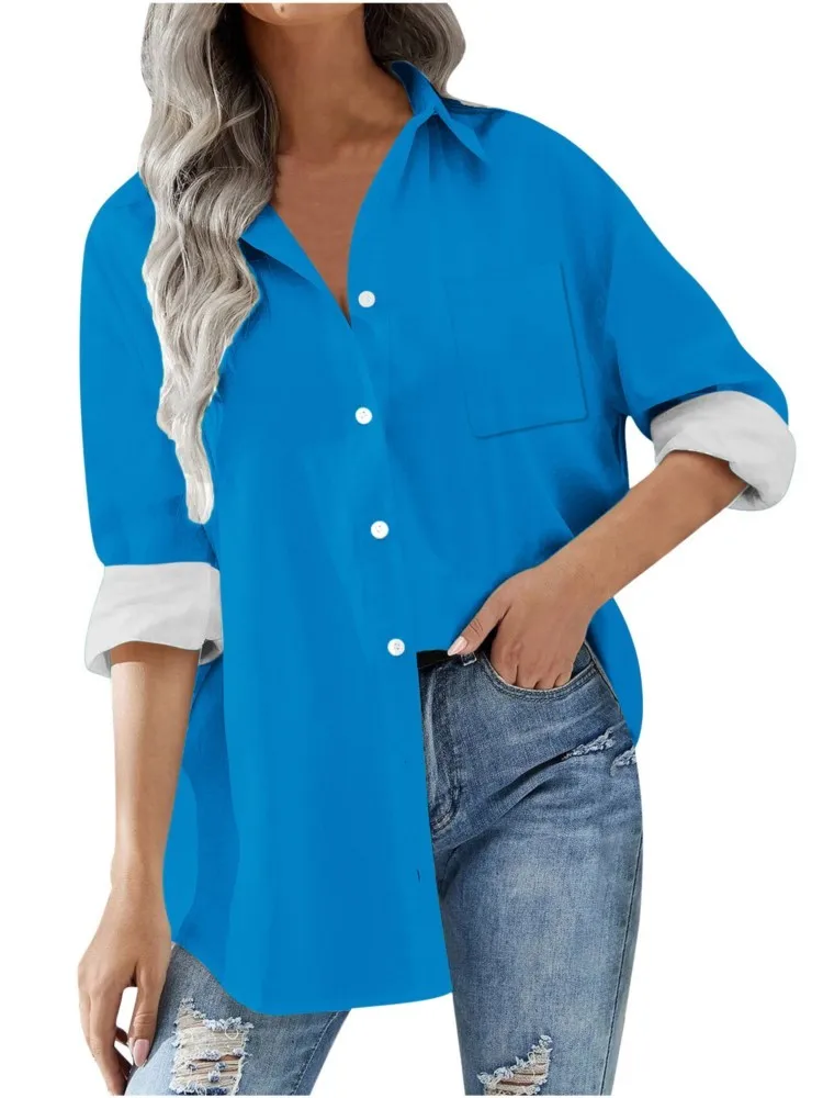 Casual Loose Solid Color Long Shirt For Women Full Sleeve Button Turn-down Collar Pocket Blouse Elegant Top Spring Shirts Female