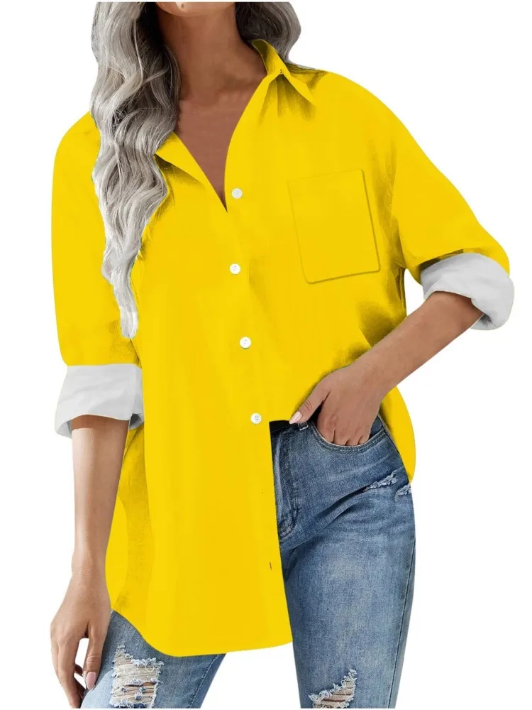 Casual Loose Solid Color Long Shirt For Women Full Sleeve Button Turn-down Collar Pocket Blouse Elegant Top Spring Shirts Female