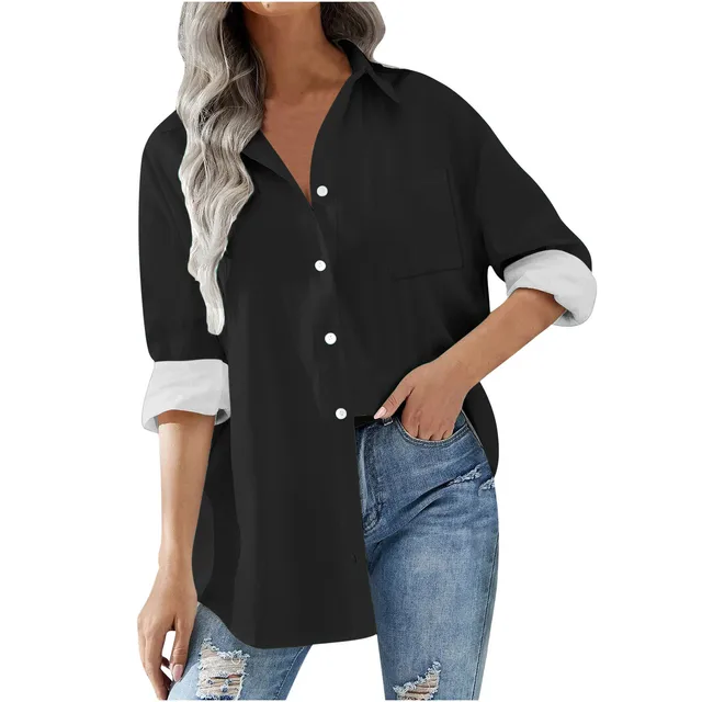 Casual Loose Solid Color Long Shirt For Women Full Sleeve Button Turn-down Collar Pocket Blouse Elegant Top Spring Shirts Female