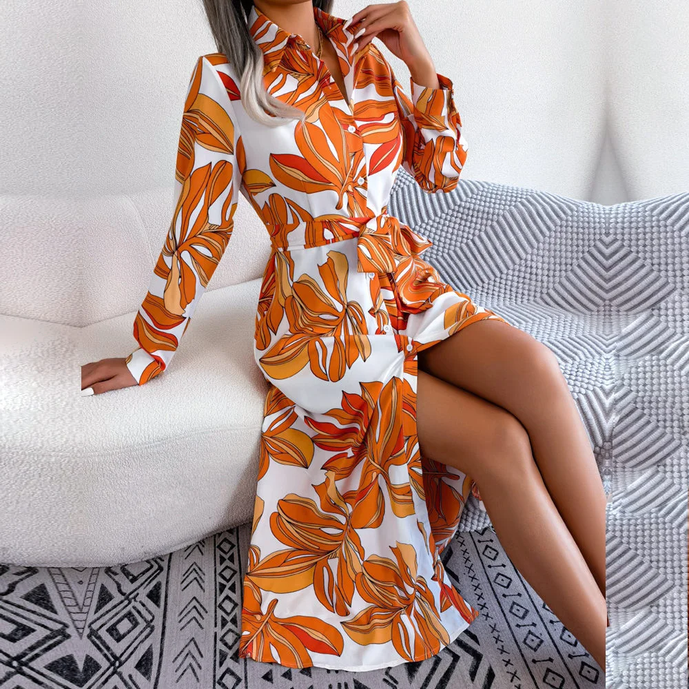 Spring Summer Ladies Contrast Floral Polo Collar Lace Up Shirt Dress Women Single Breasted Long Dress