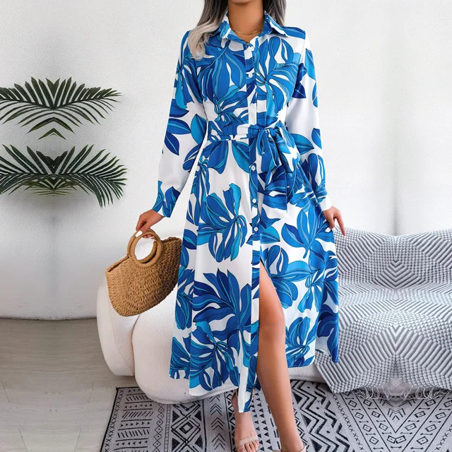 Spring Summer Ladies Contrast Floral Polo Collar Lace Up Shirt Dress Women Single Breasted Long Dress