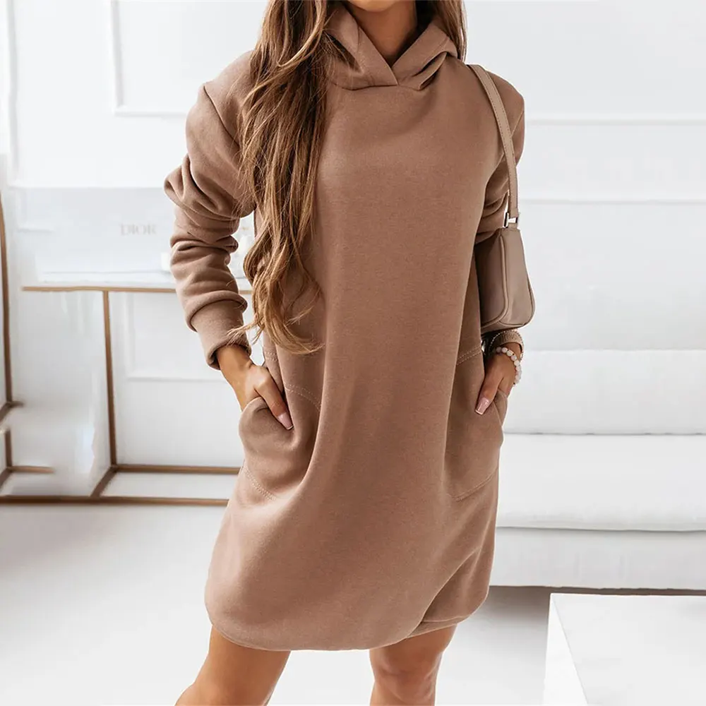 Women Vintage Solid Hoodies Dress Autumn Winter Pockets Loose Hooded Sweatshirt Long Sleeve Vintage Harajuku Long Tops Tunic