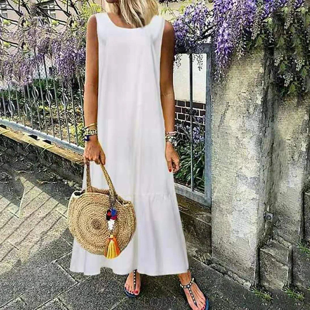 Cotton Linen Pullover Long Dress for Women Summer Pure Color Casual Sleeveless Shirt Dress Female Clothing Y2K Vestid Robe