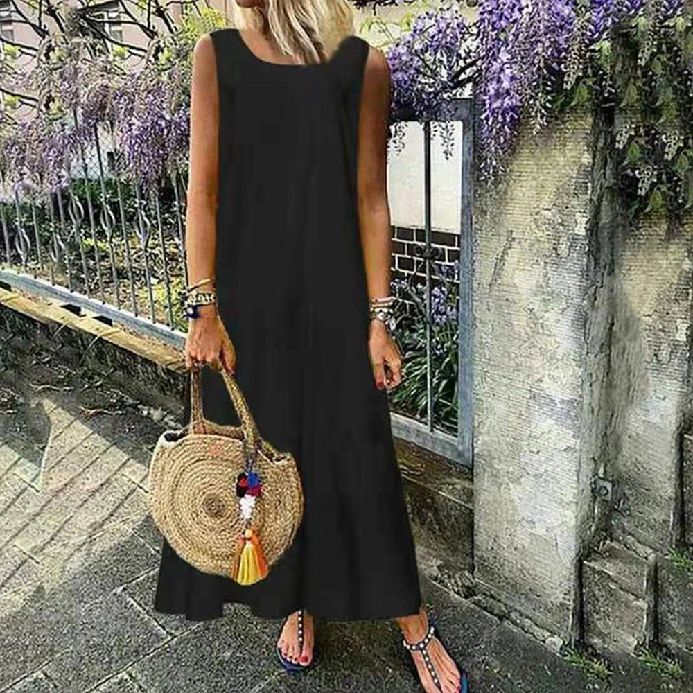 Cotton Linen Pullover Long Dress for Women Summer Pure Color Casual Sleeveless Shirt Dress Female Clothing Y2K Vestid Robe