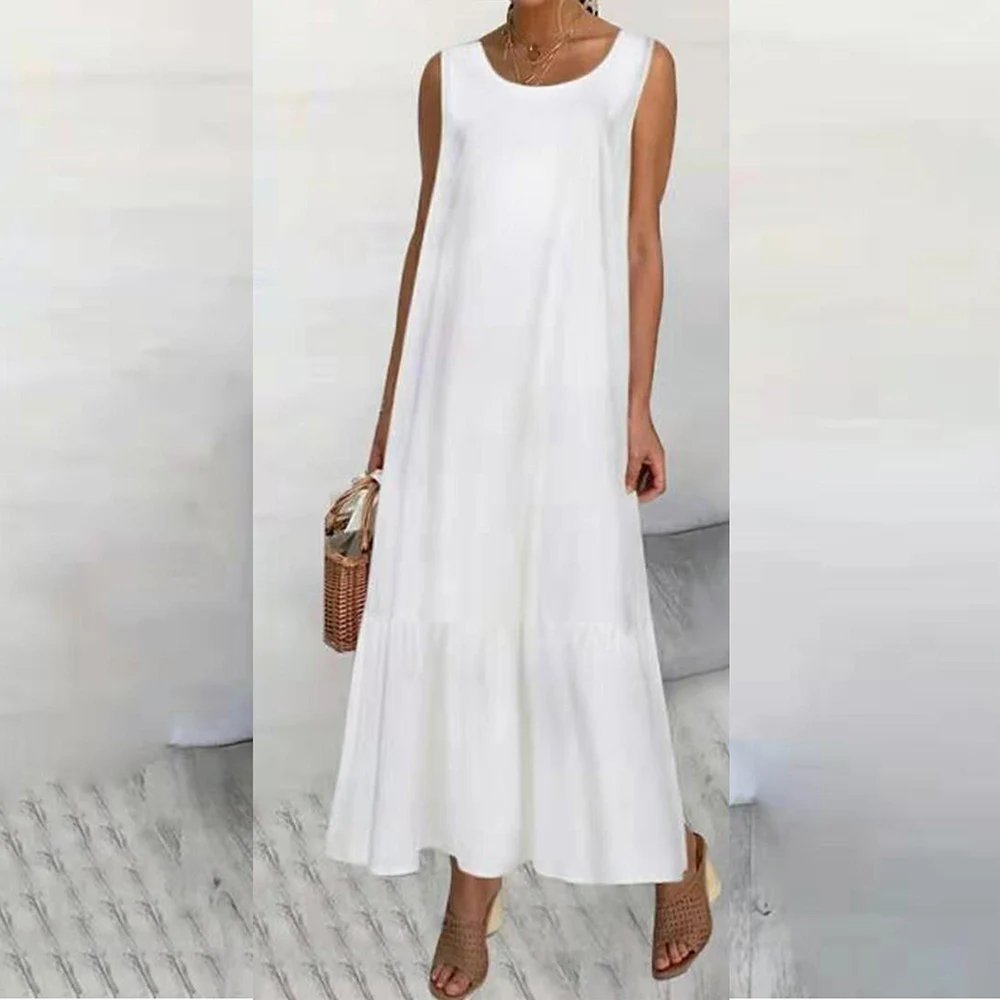 Cotton Linen Pullover Long Dress for Women Summer Pure Color Casual Sleeveless Shirt Dress Female Clothing Y2K Vestid Robe