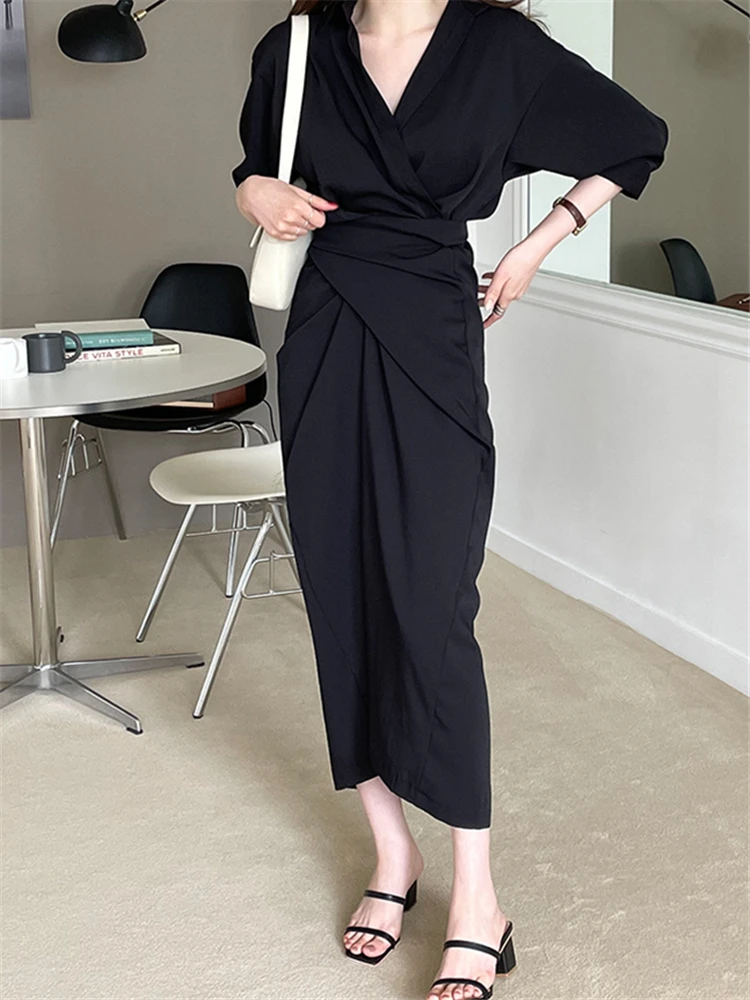 Elegant Front Cross Women's Shirts Dresses V-Neck Solid Casual Straight Long Dresses Female Spring Autumn