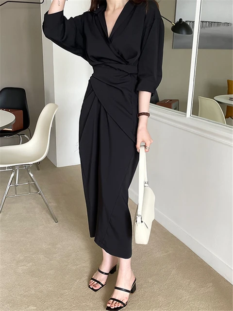 Elegant Front Cross Women's Shirts Dresses V-Neck Solid Casual Straight Long Dresses Female Spring Autumn