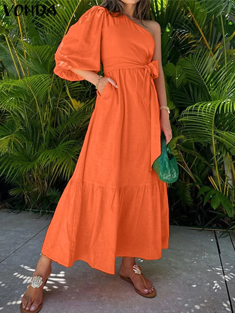 Sexy Maxi Dress  Women Summer Elegant Solid Color One Shoulder Sundress Casual Bandage 3/4 Sleeve Ruffled Long Robe