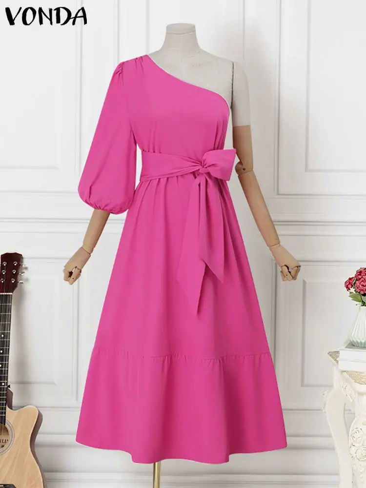 Sexy Maxi Dress  Women Summer Elegant Solid Color One Shoulder Sundress Casual Bandage 3/4 Sleeve Ruffled Long Robe