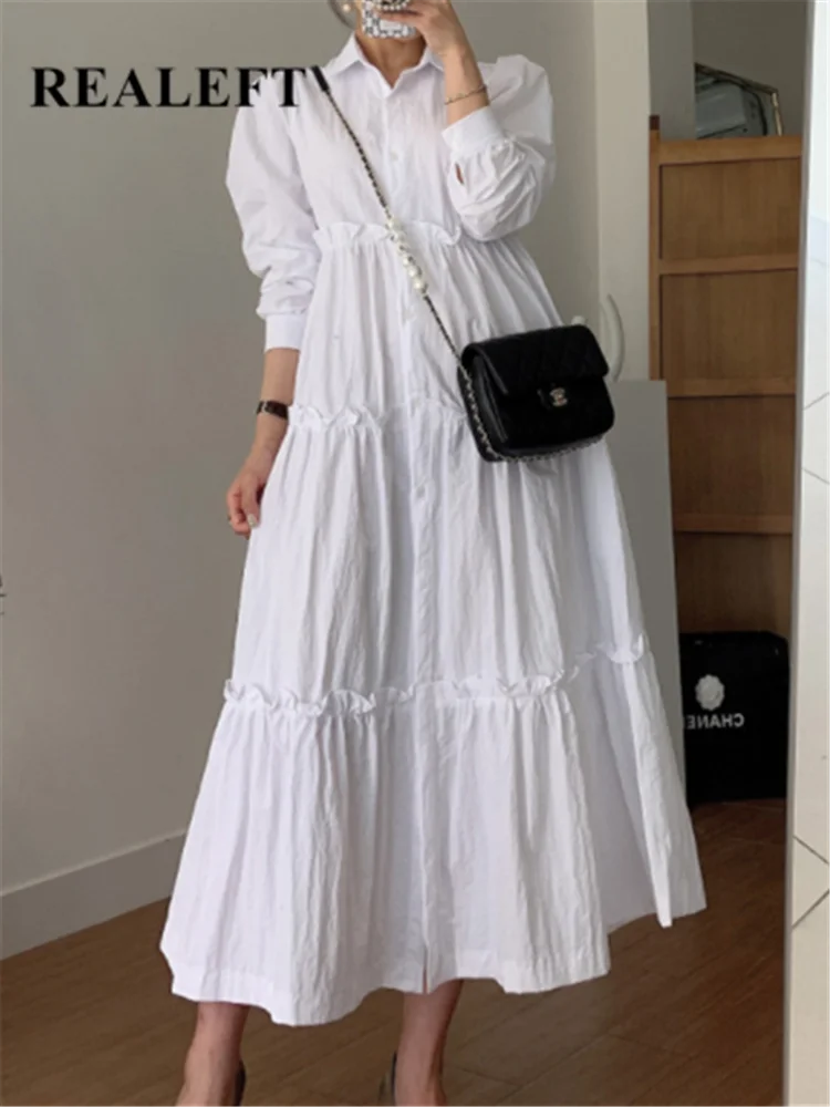 REALEFT Autumn White Oversize Women's Shirts Dresses Long Sleeve Straight Korean Casual Loose A-Line Dress Female