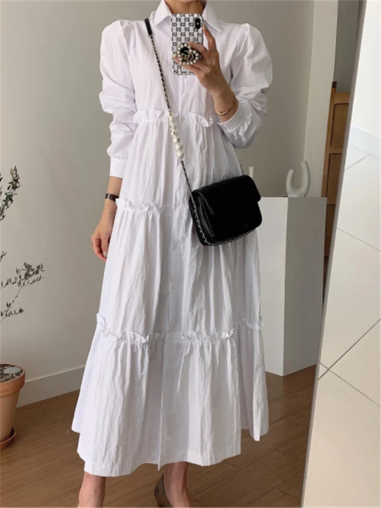 REALEFT Autumn White Oversize Women's Shirts Dresses Long Sleeve Straight Korean Casual Loose A-Line Dress Female