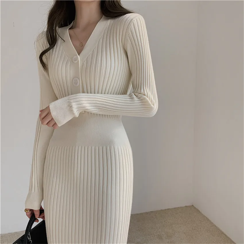 Woman's Knitted Autumn Winter Clothes V-neck Women Sweater Dress Korean Fashion New Streetwear Dress Long Sleeve Top Woman Dress