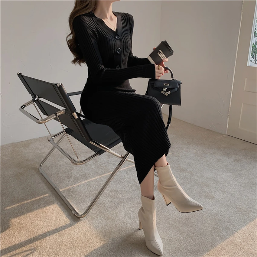 Woman's Knitted Autumn Winter Clothes V-neck Women Sweater Dress Korean Fashion New Streetwear Dress Long Sleeve Top Woman Dress