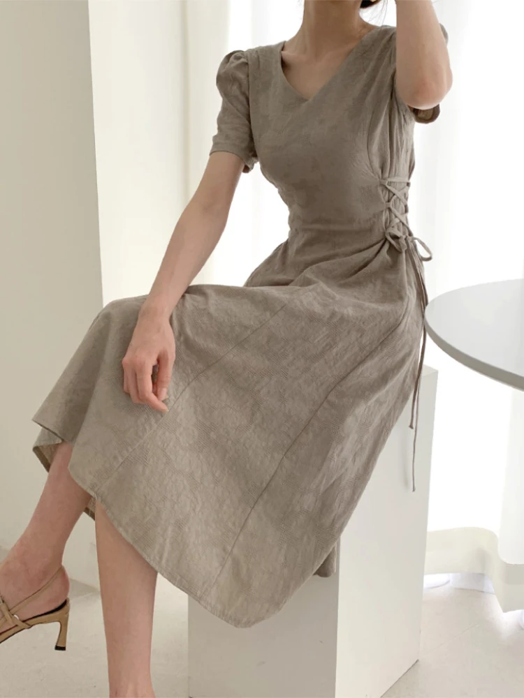 Cotton Linen Dress Long New Hot Sales Woman Short Sleeve Solid Retro Vintage Long Dresses