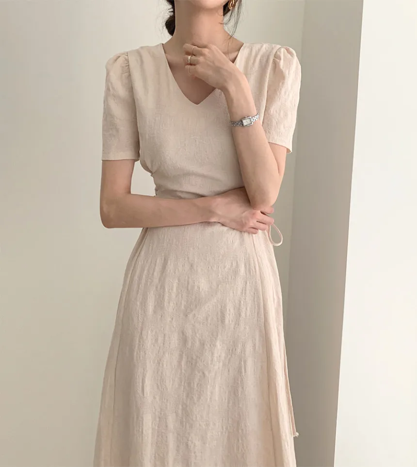 Cotton Linen Dress Long New Hot Sales Woman Short Sleeve Solid Retro Vintage Long Dresses