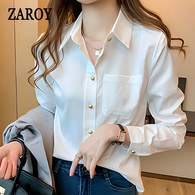 Elegant Women's Solid White Blouse Tops Fashion Long Sleeve Blouses Chic V Neck Pulovers Autumn Shirts & Blouses