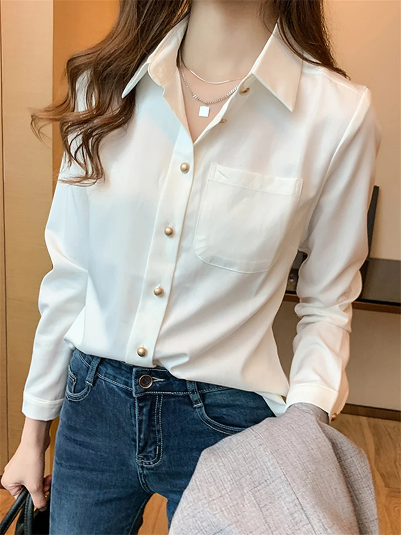 Elegant Women's Solid White Blouse Tops Fashion Long Sleeve Blouses Chic V Neck Pulovers Autumn Shirts & Blouses