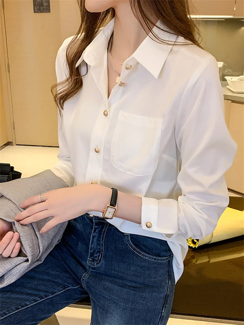 Elegant Women's Solid White Blouse Tops Fashion Long Sleeve Blouses Chic V Neck Pulovers Autumn Shirts & Blouses
