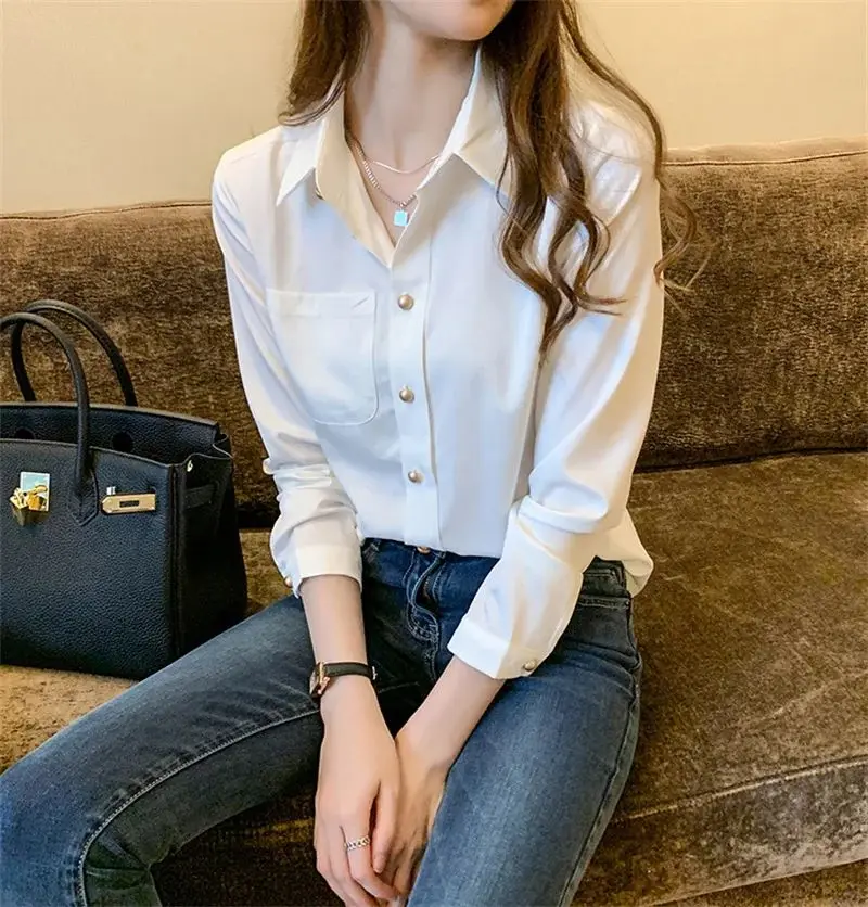 Elegant Women's Solid White Blouse Tops Fashion Long Sleeve Blouses Chic V Neck Pulovers Autumn Shirts & Blouses