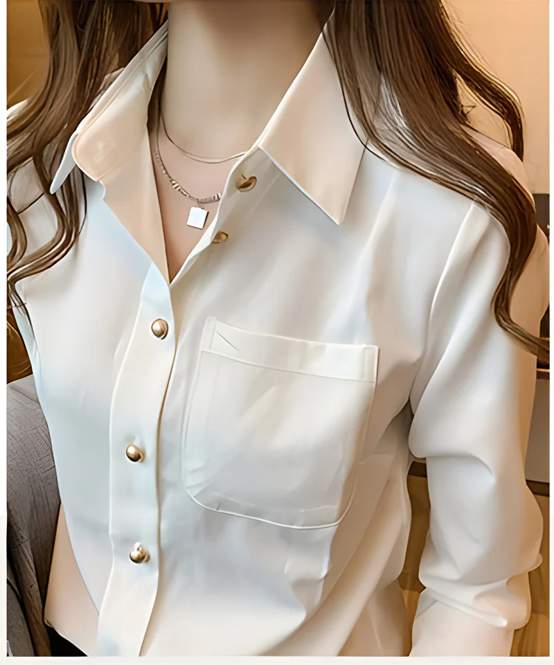Elegant Women's Solid White Blouse Tops Fashion Long Sleeve Blouses Chic V Neck Pulovers Autumn Shirts & Blouses