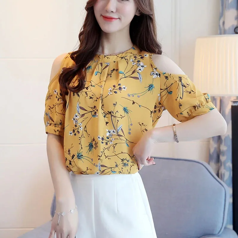 Chiffon Print Floral Women's Shirt Elegant Summer Tops Off The Shoulder Blouses Women Short Sleeve Female Clothing 825C 30
