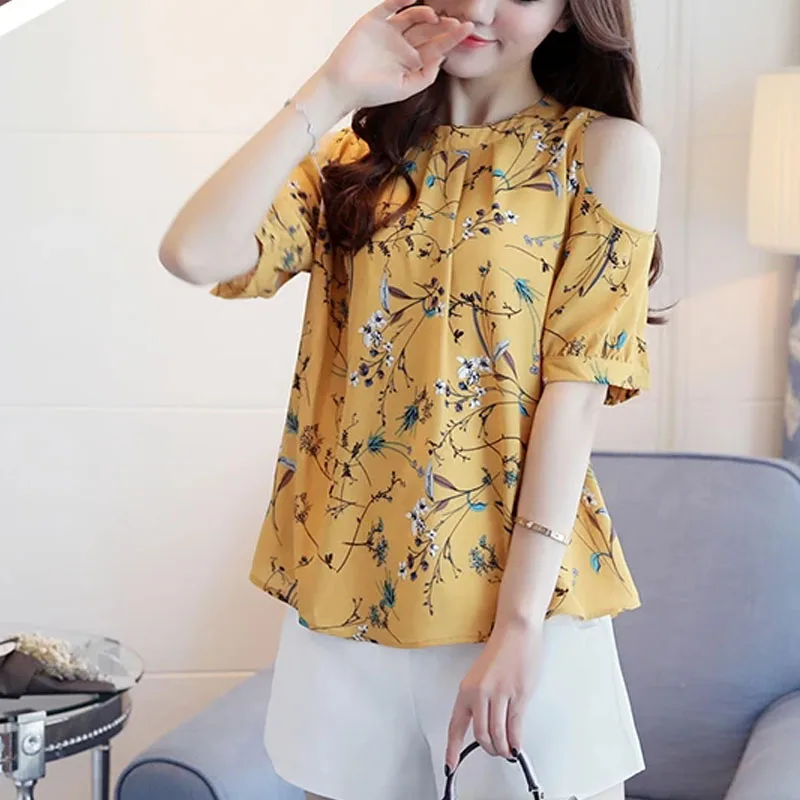 Chiffon Print Floral Women's Shirt Elegant Summer Tops Off The Shoulder Blouses Women Short Sleeve Female Clothing 825C 30