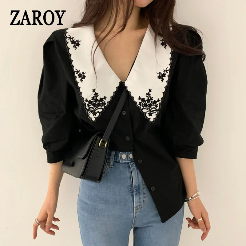 camisas قمصان وبلوزات Elegant Embroidery Lace Women Blouse Flower Half Sleeve White Shirt Spring Autumn Womens Top