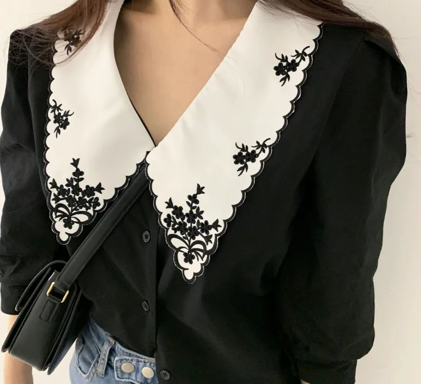camisas قمصان وبلوزات Elegant Embroidery Lace Women Blouse Flower Half Sleeve White Shirt Spring Autumn Womens Top