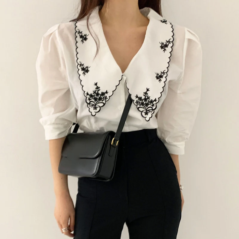 camisas قمصان وبلوزات Elegant Embroidery Lace Women Blouse Flower Half Sleeve White Shirt Spring Autumn Womens Top
