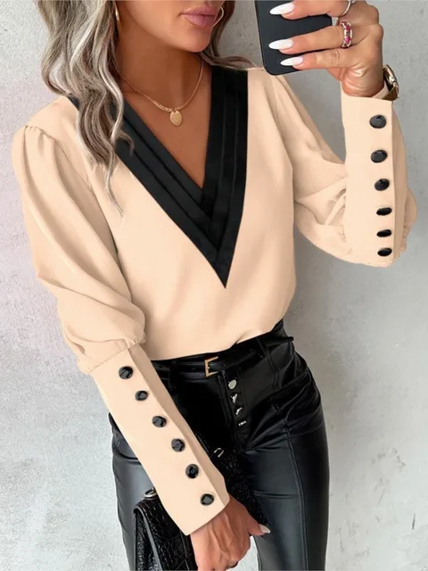 Fashion White Blouse Women Long Sleeve V Neck Casual Pullover Elegant Office Lady Pink Tops Shirts Femme