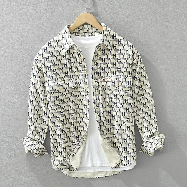 Spring Casual Printed 100% Cotton Shirts for Men Clothing Loose Long Sleeve Streetwear Mens Shirts CM6971