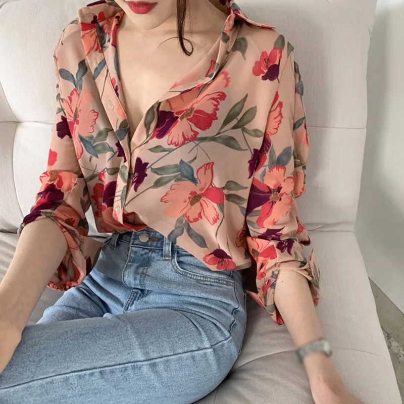 Women's Fashion Floral Print V-Neck Long Sleeve Chiffon Shirt Blouse Office Button Luxury Shirt Vintage Tops Tunics M-2XL