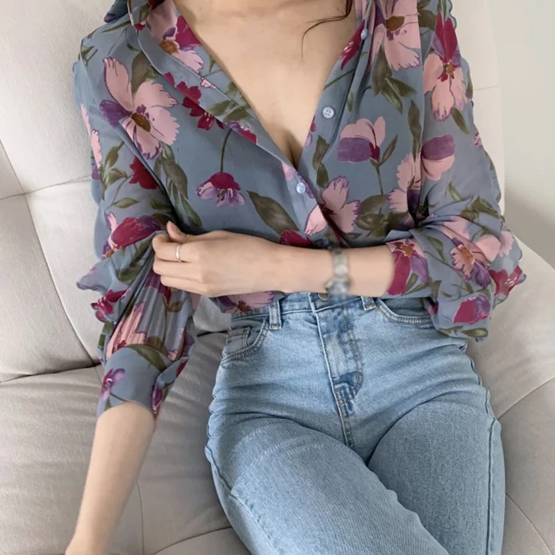 Women's Fashion Floral Print V-Neck Long Sleeve Chiffon Shirt Blouse Office Button Luxury Shirt Vintage Tops Tunics M-2XL