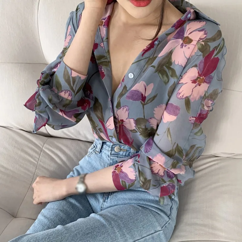 Women's Fashion Floral Print V-Neck Long Sleeve Chiffon Shirt Blouse Office Button Luxury Shirt Vintage Tops Tunics M-2XL