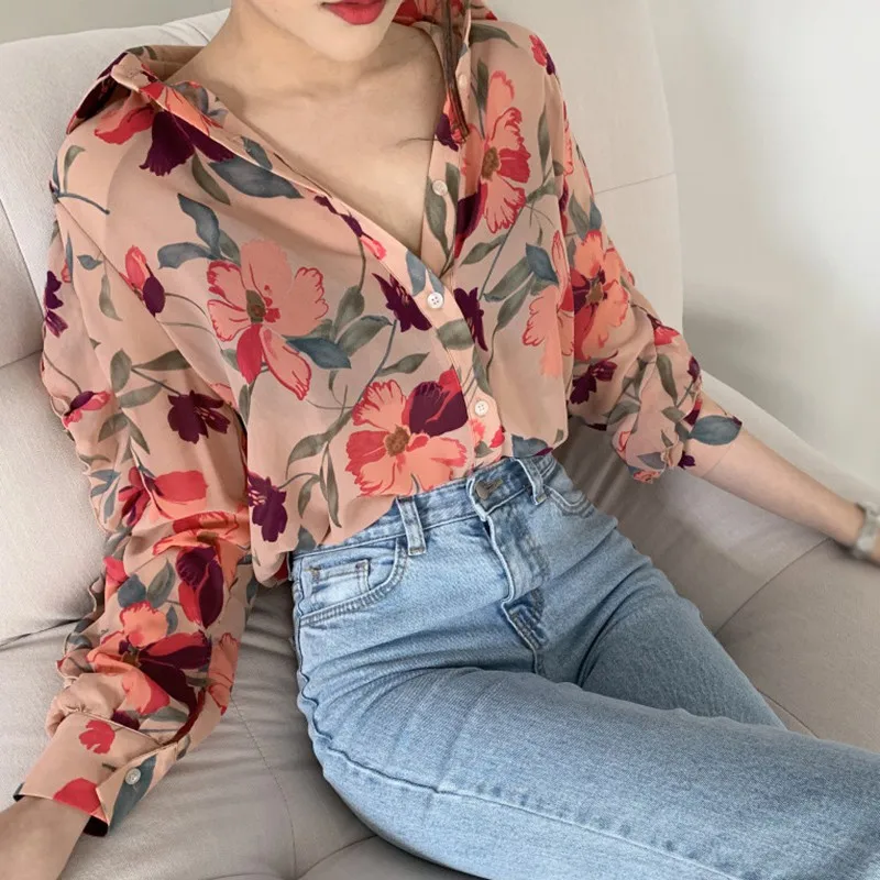 Women's Fashion Floral Print V-Neck Long Sleeve Chiffon Shirt Blouse Office Button Luxury Shirt Vintage Tops Tunics M-2XL