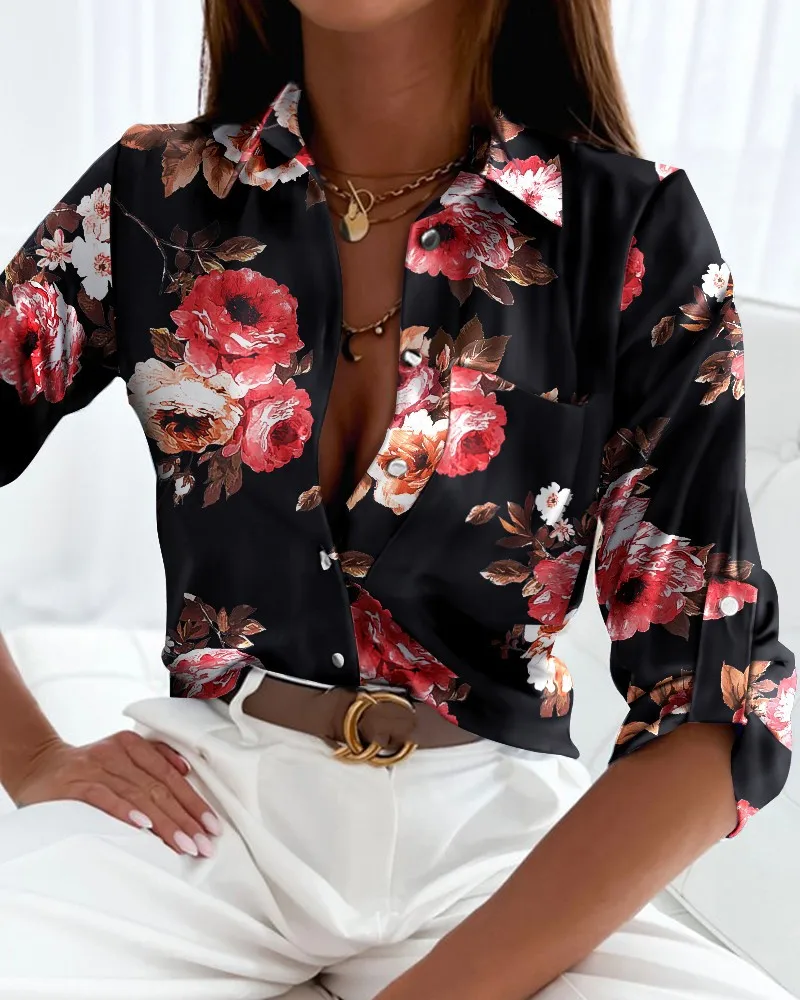 Fashion Letter Print Office Shirt Autumn Women Lapel Long Sleeve Single Breasted Blouse Elegant Pocket Camisas De Mujer