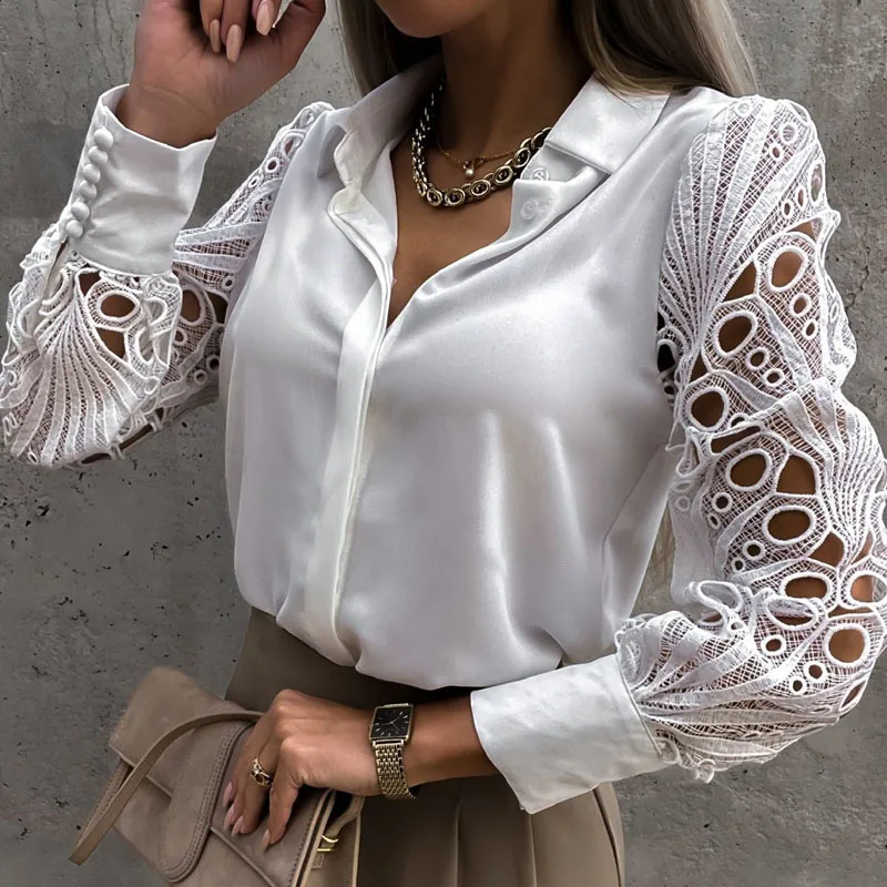 White Sexy Lace Hollow Out Women Blouse Autumn  Spring Black Top Vintage Button Up Shirts Long Sleeve Mesh Design Tops 19948