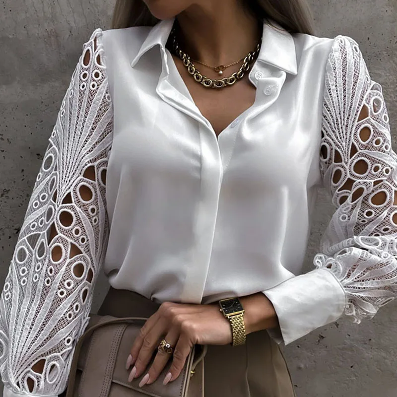 White Sexy Lace Hollow Out Women Blouse Autumn  Spring Black Top Vintage Button Up Shirts Long Sleeve Mesh Design Tops 19948