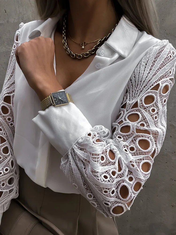 White Sexy Lace Hollow Out Women Blouse Autumn  Spring Black Top Vintage Button Up Shirts Long Sleeve Mesh Design Tops 19948