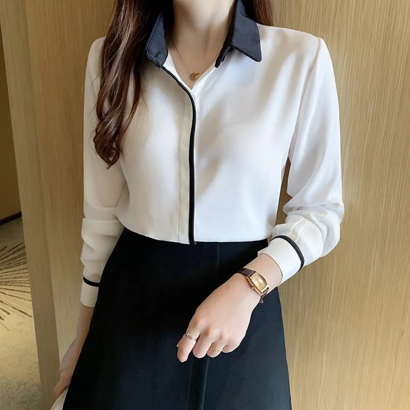 Women Spring Summer Style OL Blouses Shirts Lady Office Work Wear Long Sleeve Turn-down Collar Patchwork Blouses Tops DF4981