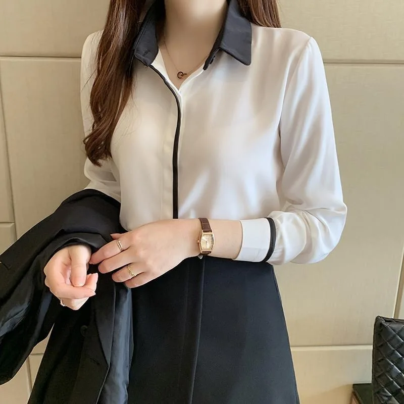 Women Spring Summer Style OL Blouses Shirts Lady Office Work Wear Long Sleeve Turn-down Collar Patchwork Blouses Tops DF4981