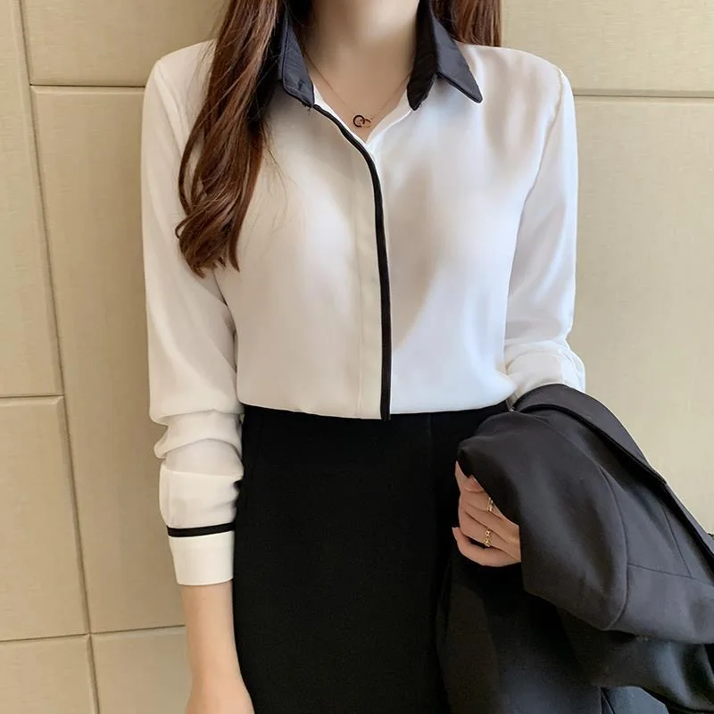 Women Spring Summer Style OL Blouses Shirts Lady Office Work Wear Long Sleeve Turn-down Collar Patchwork Blouses Tops DF4981