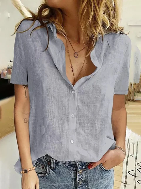 Casual Summer Short Sleeve Solid Loose Shirts Women Elegant Vintage Harajuku Cotton and Linen Blouses and Tops Oversized Tunic