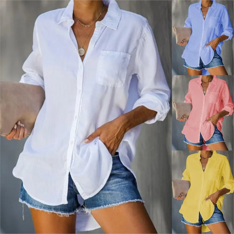 Women Casual Loose Solid Summer Shirt Long Sleeved V-neck Blusas Y Camisas Chemisier Femme Nouvelle Collection Chiffon Blouse