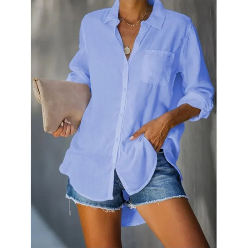 Women Casual Loose Solid Summer Shirt Long Sleeved V-neck Blusas Y Camisas Chemisier Femme Nouvelle Collection Chiffon Blouse