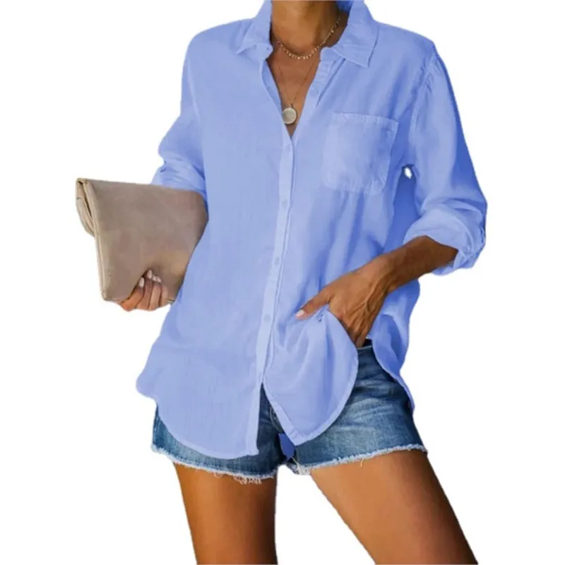 Women Casual Loose Solid Summer Shirt Long Sleeved V-neck Blusas Y Camisas Chemisier Femme Nouvelle Collection Chiffon Blouse