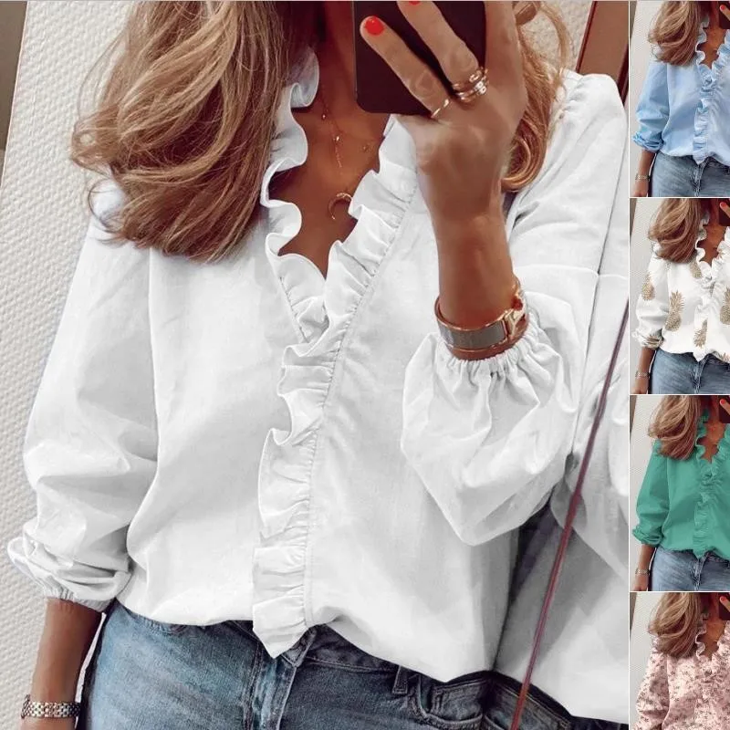 SSpring/autumn Long Sleeved Ruffled Shirt Women V-neck Tops Shirts Casual  Blusen Damen 2023 Blusas Femininas Elegantes Blouse