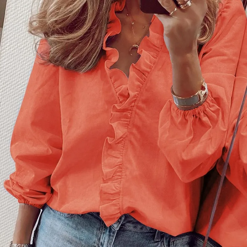 SSpring/autumn Long Sleeved Ruffled Shirt Women V-neck Tops Shirts Casual  Blusen Damen 2023 Blusas Femininas Elegantes Blouse