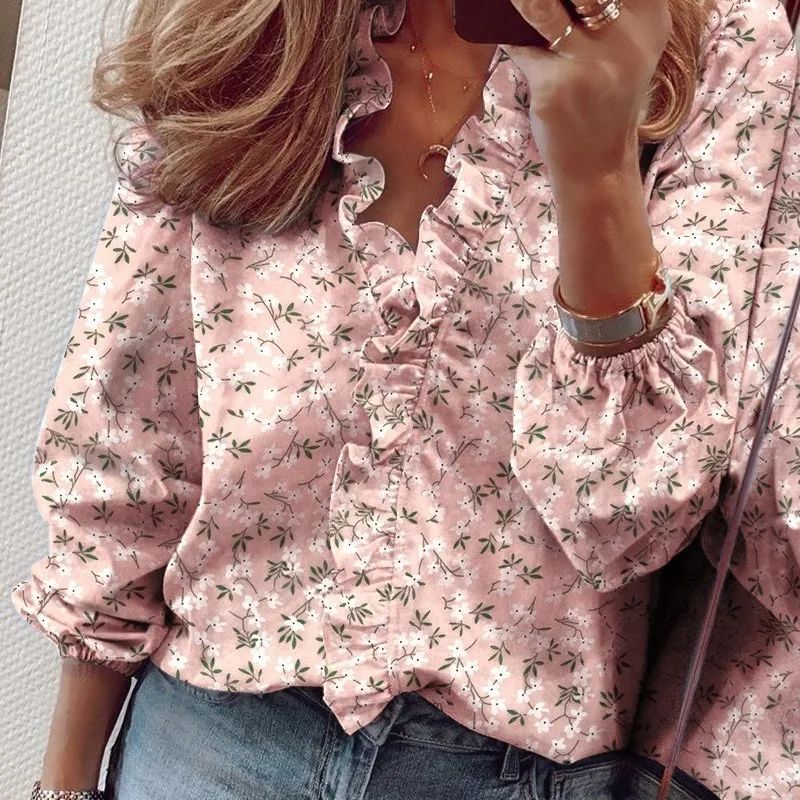 SSpring/autumn Long Sleeved Ruffled Shirt Women V-neck Tops Shirts Casual  Blusen Damen 2023 Blusas Femininas Elegantes Blouse