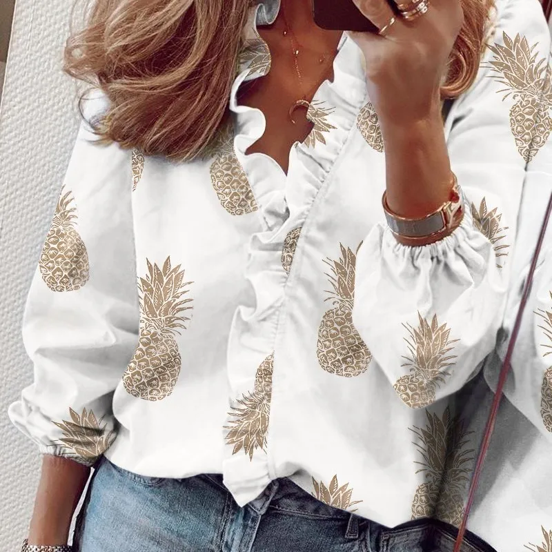 SSpring/autumn Long Sleeved Ruffled Shirt Women V-neck Tops Shirts Casual  Blusen Damen 2023 Blusas Femininas Elegantes Blouse